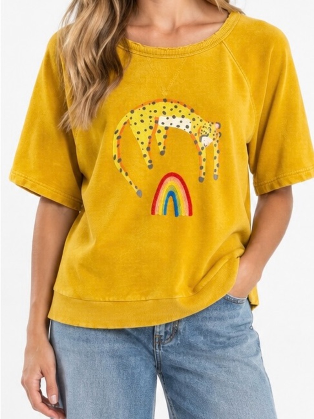 Anthropologie Jarmel Leopard Rainbow Sweatshirt Tee Yellow L Retro Indie Sleaze